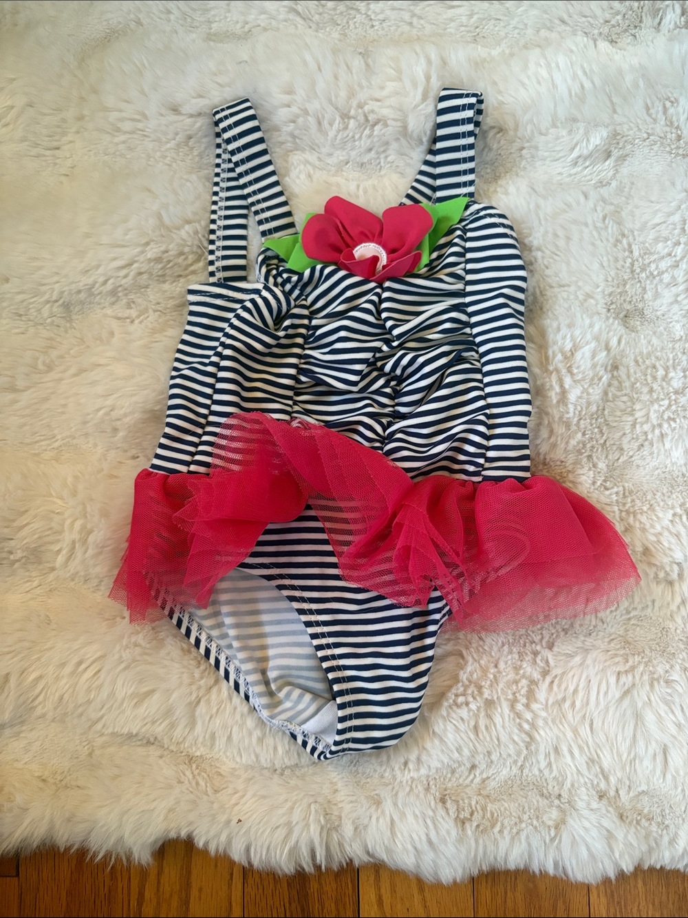 Black Stripe Girl's One-Piece Swimsuit with Pink Tulle Ruffle